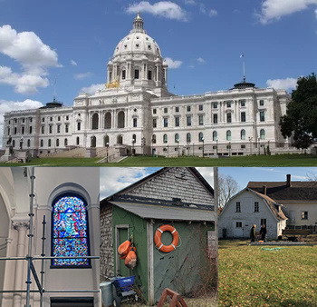 Composite photo of (top) the MN State_Capitol, (Bottom) a church and a Fishhouse and an apiary farm