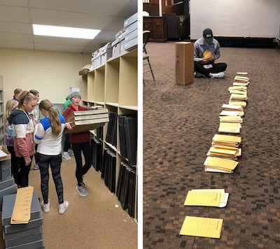 Composite photo of kids moving stacks of newspaper bound in books, and storting of stacks of photos