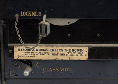Detail of Voting Machine showing label that says - Before a woman enters the booth