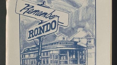 Book page illustration of Street Sign saying-Remember Rondo-with street car and house in background