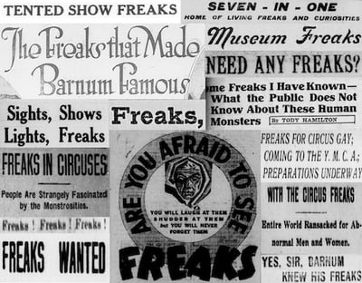 Collage of Newspaper headlines on Freak shows