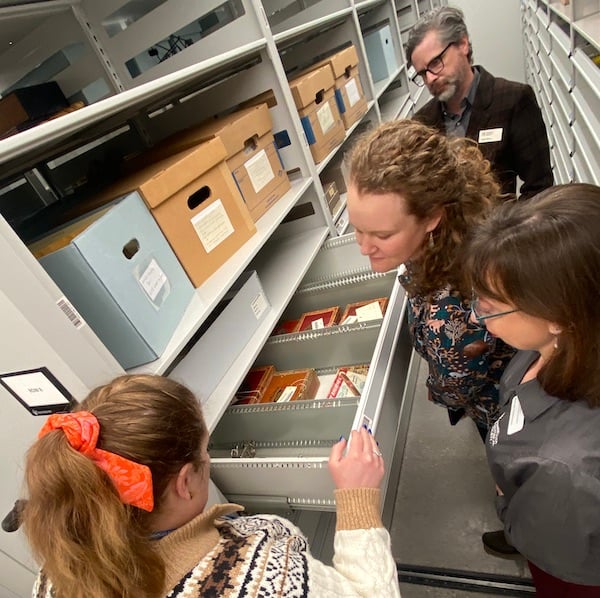 inspecting a drawer of objects in collection shelving
