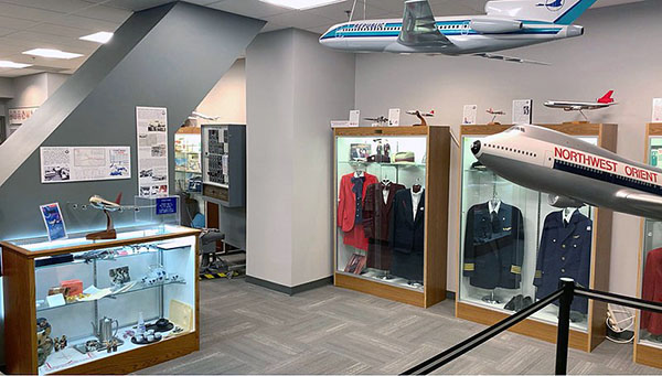 Northwest Airlines History Center Museum interior showing display cases