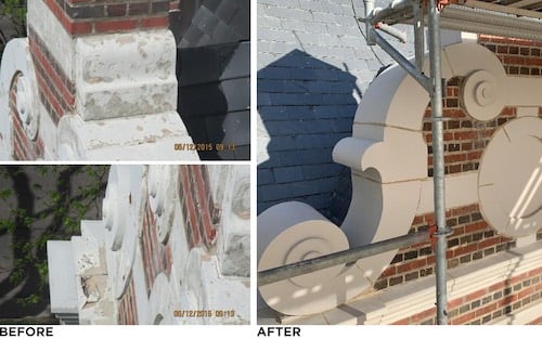 Before and after photos showing repaired and restored terracotta parapet wall