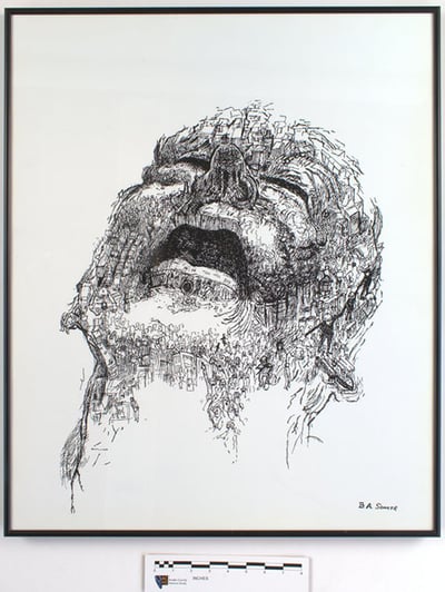 Pen and ink illustration showing a head with a face of someone in agony. The head's structure and shading is made up of landscapes and people.