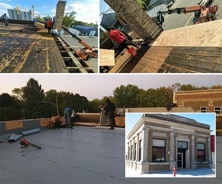 Three photos of roofers roofing with an inset photo of the building