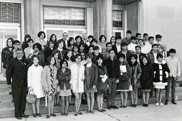 Group photo of Red Lake High School class standing on steps. ca1960s