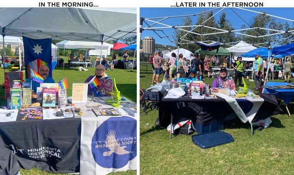 Composit showing before and after photos of the MNHS booth. Morning, neat. Afternoon, disheveled-1