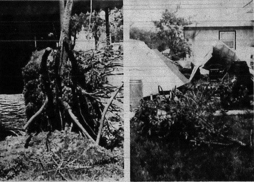 Two photos from the 1977 Tornado showing damage