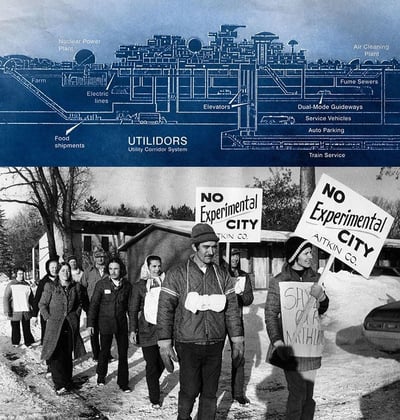 Composit of two photos-top, illustration of planned city; bottom, protesters on sidewalk