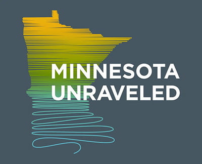 Minnesota Unraveled-Graphic of the state of Minnesota as thread unraveling towards the bottom of the state. 