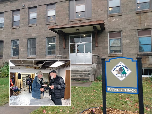 Northern Bedrock Historic Preservation building with inset photo of two men shaking hands with a band playing in the background