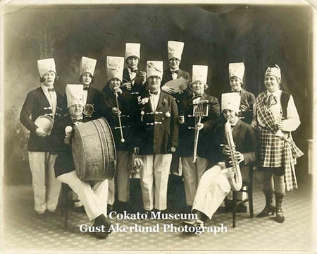Royal Neighbors of America Kitchen Orchestra, circa 1930s-Women in chef hats with hand made musical insturments made from kitchen items
