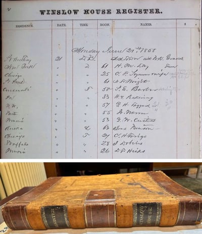 Composite photo top page from Winslow House Registry--bottom, Registery spine and cover