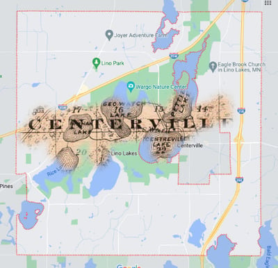 Modern map of Centerville, MN with old 1800s map leeching through