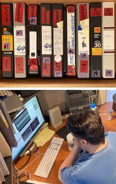 Composite of two photos. Top:Tapes in original boxes Bottom: Capture workstation.