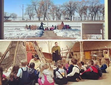 Composite photo. Top: Children sitting outside on plaza in winter. Snow is covering ground. Bottom: Children sitting facing Encampment diorama listening to presenter. Artificial snow covers the ground of diorama 