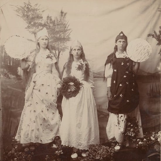 Three teenage girls in a Student play at Goose Lake School ca. 1895