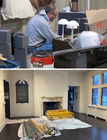 Top: image of man working in cluttered room. Bottom: Mansion style room white fireplace. Yellow scaffolding is disassembled and laying on floor.