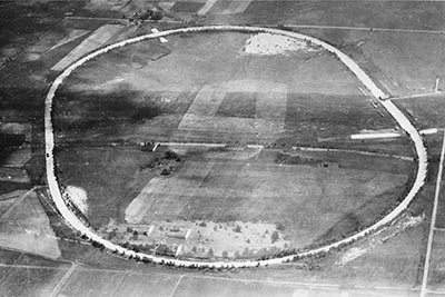 Black and white photo showing birds eye view of airport-speedway-remnants