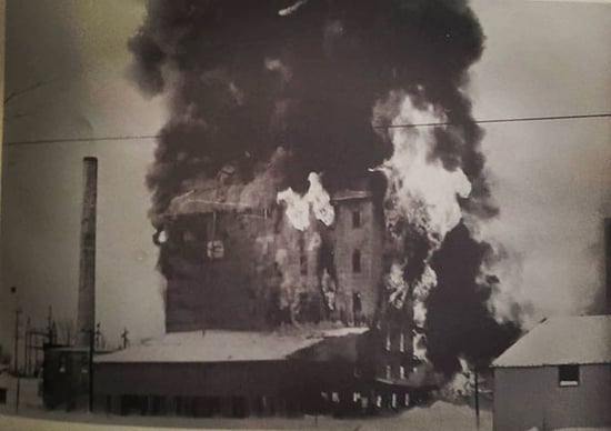 Commander Mill on fire in 1970
