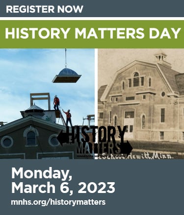 Graphic with two photos. History Matters Advocacy Day. Left photo: Photo of construction workers on roof of historic building with a crane lowering a roof cap on to a copula. Right photo shows historic photo of same building in 1920s.  