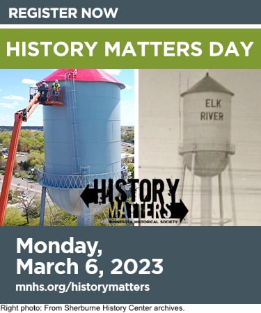 History Matters Advocacy Day. Composite image. Left Craine and workers repairing water tower. Right: historic photo of water tower from 1930s.