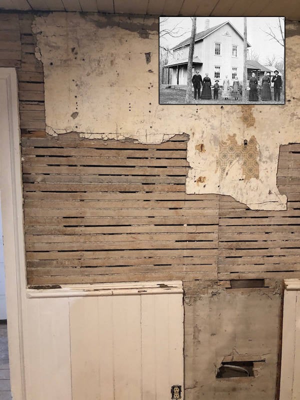 Andrew Peterson House showing deteriorated plaster wall exposing lath and key backing-inset-Historic photo of farmhouse with family in front