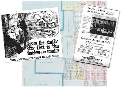 Map of Robbinsdale with real estate ads superimposed over the top saying-From the stuffy city flat to the freedom of the country YOU CAN REALIZE YOUR DREAM NOW and Garden Plots At Robbinsdale $25 Down$5 month