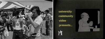 Two screen captures. Left shows man with a video camera, ca. 1980s; Right shows a show title card which says university community video presents