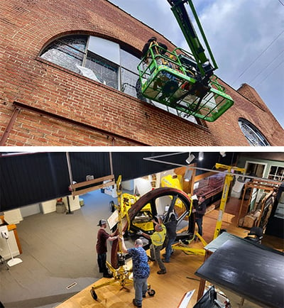 Composit image, Top-A bucket lift with worker restoring large semi-circle stained glass window.  Bottom-Five people with two lifts hoisting dam sector to second level