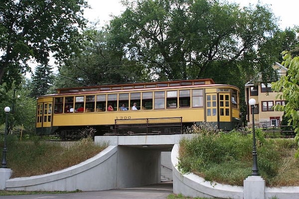 1908 Streetcar Number 1300, passing over historic pedestrian bridge