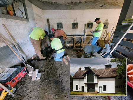Photo shows workers prepping south and east foundation walls for the pouring of the new footings; Inset photo of exterior of the barn building