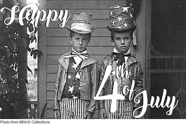 Photo of two boys dressed up as Uncle Sam-Overlaid are the words Happy 4th of July