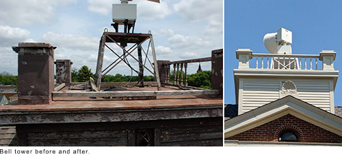 Compsite image of two photos showing before and after restoration of Bell tower