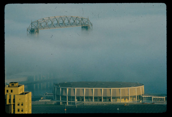 Fog over Aerial Bridge and Arena, Duluth, Minnesota in 1973
