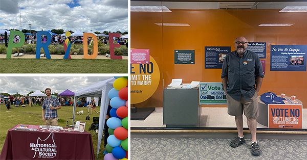 Composite image three photos. 1-PRIDE letters 6 feet high and in rainbow colors. 2-Booth of the Historical and Cultural Society of Clay County. 3-MNHS Staff standing in front of 10th Anninversary of Marriage Equality Exhibit
