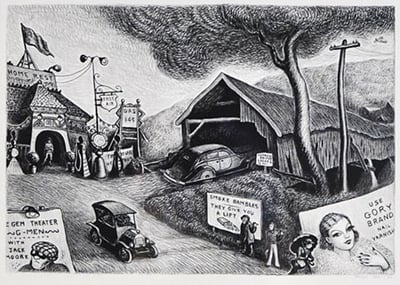 Charcol Illustration by Wanda Gag of landscape showing road intersection with covered bridge, advertising signs, gas station and rest home