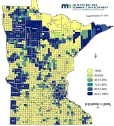 Map Graphic of 2021 Broadband Availability in the State of Minnesota