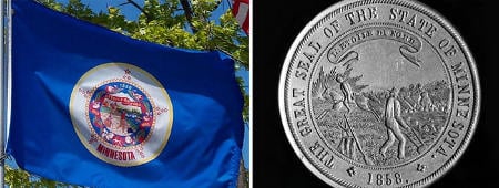 Composit image of two photos showing Minnesota State flag and Seal-Horizontal