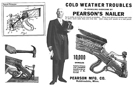 Montage of images of ads and patent drawing of a nailer. In center is man in fancy coat and top hat
