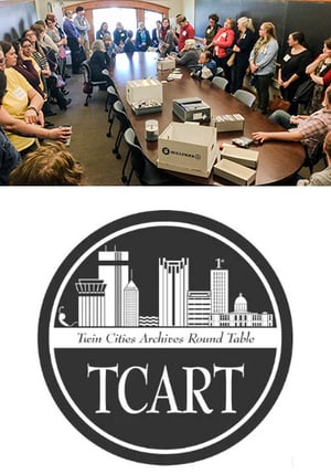TCART logo and photo of people around a table with archival supplies laid out on it