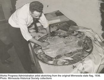 Works Progress Administration artist sketching from the original Minnesota state flag, 1936. Photo: Minnesota Historical Society collections