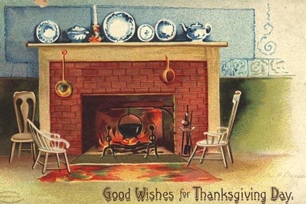 Post card of illustated fireplace with words -Good Wishes for Thanksgiving Day