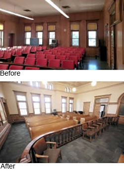 Before and after photos of a restoration of a historic courtroom