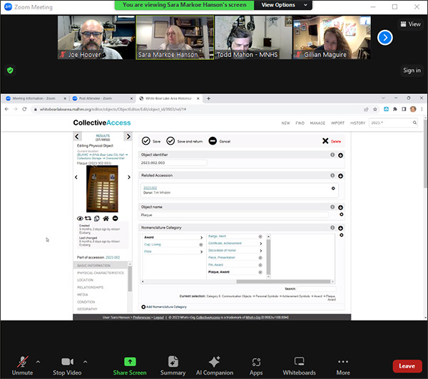 Zoom meeting screen shot of CollectiveAccess software with 4 individuals above