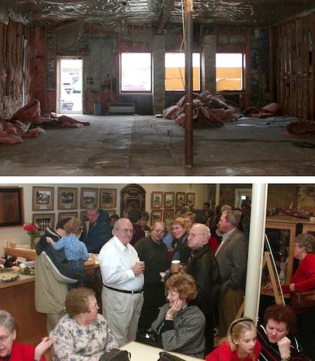 Composite of two photos. Top-Interior of the Brinkhaus Livery Stable  during renovation. Bottom-Chaska Historical Society celebration event in new space