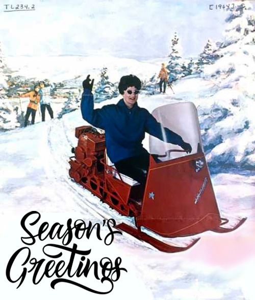 1964 Illustration of woman on snowmobile with the words Seasons Greetings