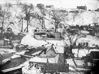 Black and white photograph of Swede Hollow, ca. 1910.
