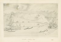 Graphite drawing of Fort Snelling showing landing road with root cellars beneath it and Dakota people in the foreground, c.1856. Drawing by B. C. H.
